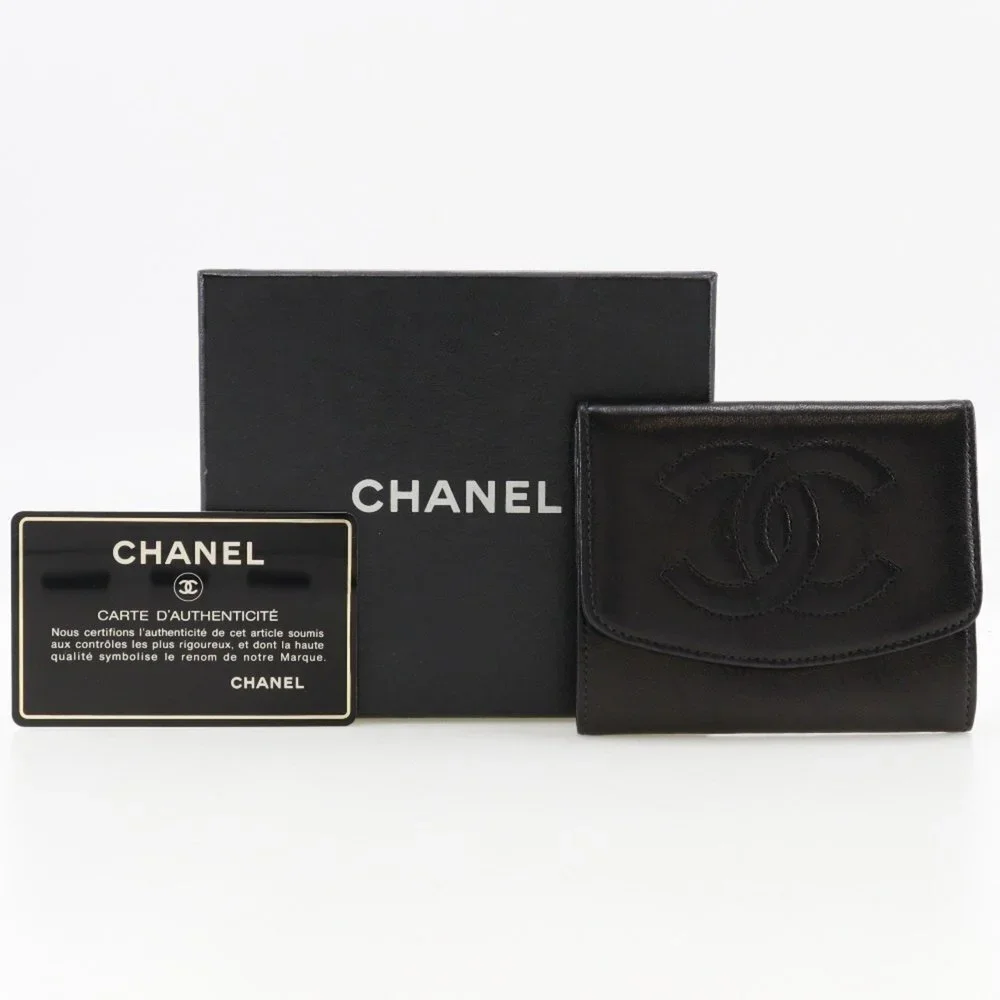 CHANEL Black Lambskin Leather Logo Wallet